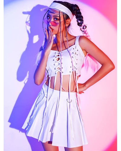 Women Hip Hop Dance Costumes Adult's White 's Mini Skirt Top Pleated Set Hip Hop Polyester Street Dancing Costume Sets