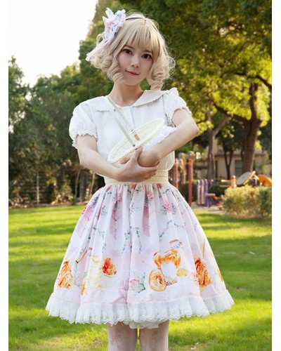 Sweet Lolita SK Angel Beats Ruffles Light Pink Floral Print Lolita Skirts