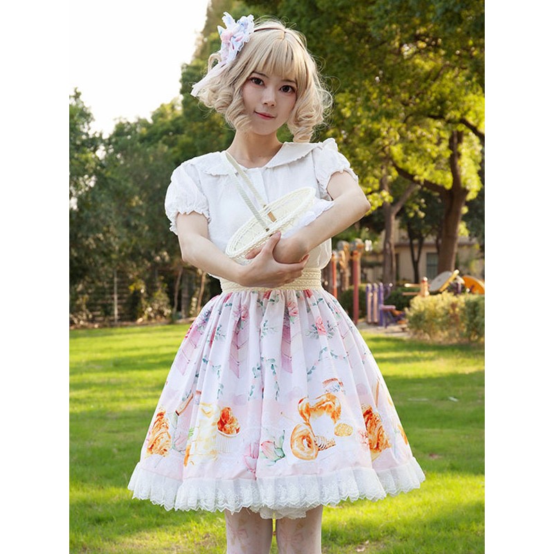 Sweet Lolita SK Angel Beats Ruffles Light Pink Floral Print Lolita Skirts