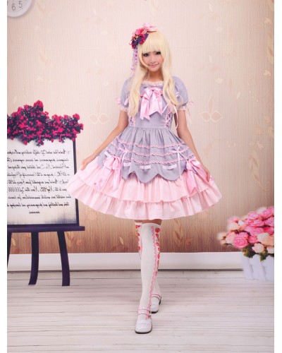 Purple Pink Lolita OP Dress Short Sleeves Layers Bows And Trim Sweet Summer Tea Party