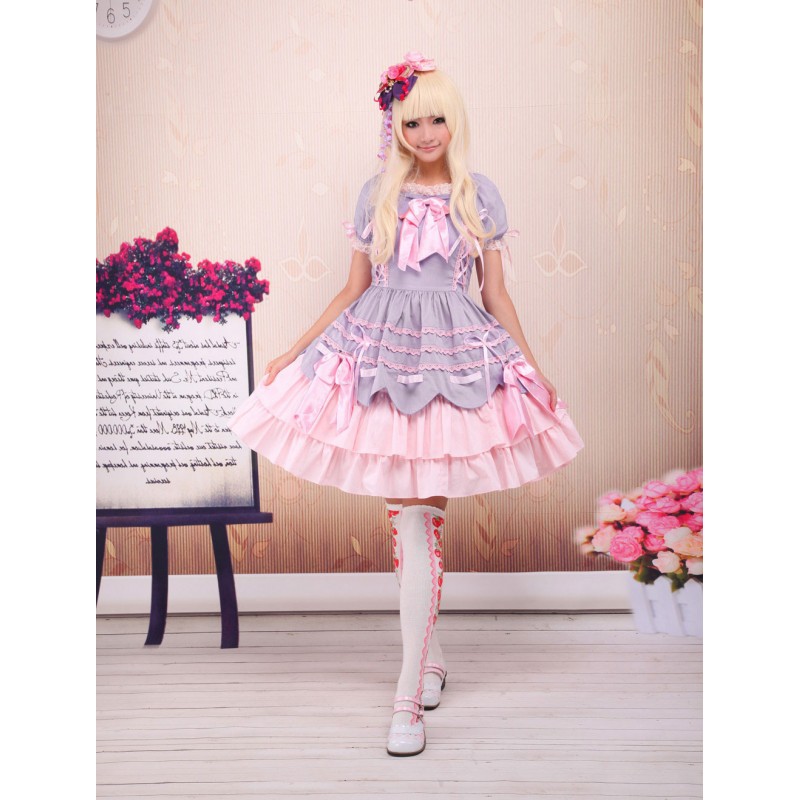 Purple Pink Lolita OP Dress Short Sleeves Layers Bows And Trim Sweet Summer Tea Party