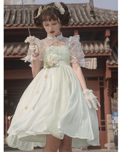 Chinese Style Lolita Dress Ruffles Sleeveless Polyester Sweet Light Green Chinese Style Lolita