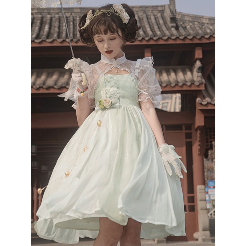 Chinese Style Lolita Dress Ruffles Sleeveless Polyester Sweet Light Green Chinese Style Lolita