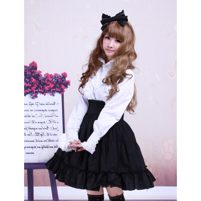 Gothic Lolita Dress SK Black High Waist Ruffles Cotton Lolita Skirt Sweet Fall Daily Casual