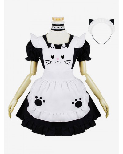 En Style Lolita Outfit Kitten Embroidered U Neck Ruffle Black 4 Piece Lolita Set Sets Maid Daily Casual Tea Party