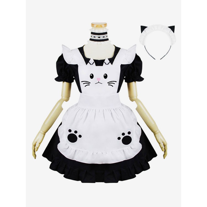 En Style Lolita Outfit Kitten Embroidered U Neck Ruffle Black 4 Piece Lolita Set Sets Maid Daily Casual Tea Party