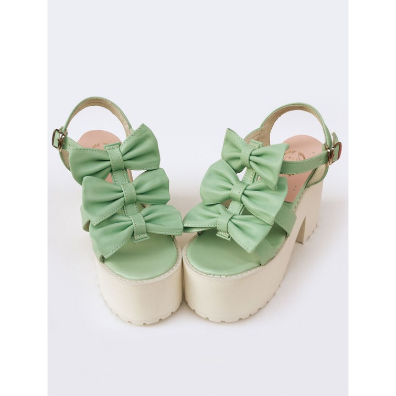 Sweet Lolita Shoes Light Green Matte Leather Lolita Plarform Sandals With Bows Lovely Halloween