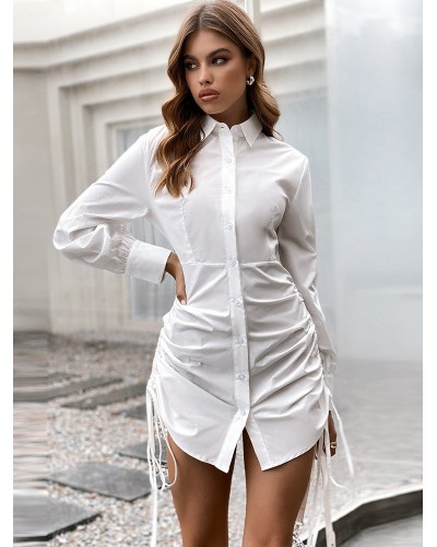 Dresses White Turndown Collar Buttons Long Sleeves Drawstring Midi Dress Shirt Street Wear Indoor Field