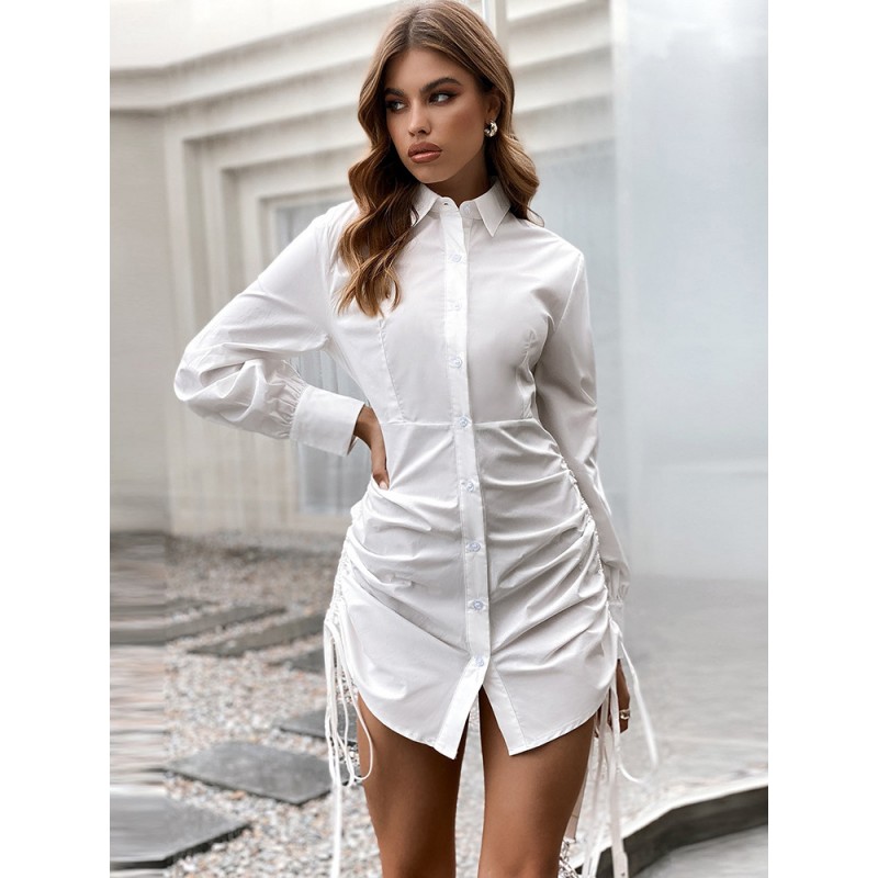 Dresses White Turndown Collar Buttons Long Sleeves Drawstring Midi Dress Shirt Street Wear Indoor Field