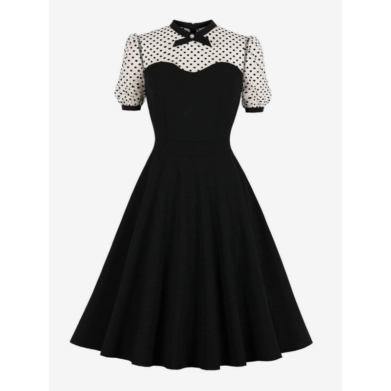 Women 1950s Audrey Hepburn Style Retro Dress Jewel Neck Short Sleeves Medium Two-Tone Black Swing Dress Vintage Daily Casual