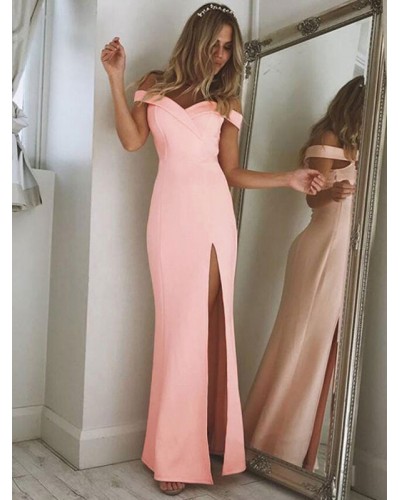 Birthday Women Dress Off Shoulder Split Pink Women Long Prom Dress Maxi Party