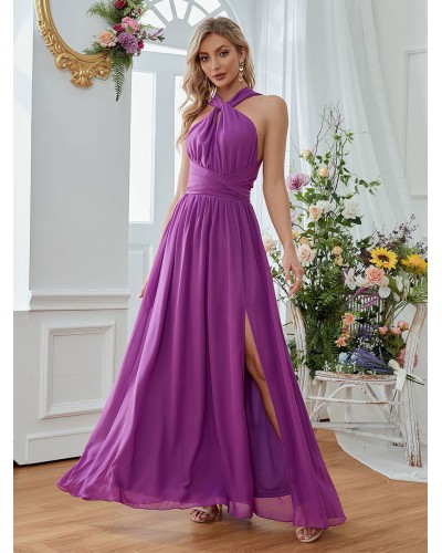 Dresses Purple Halter Split Front Sleeveless High-slit Semi Formal Dress Maxi Party