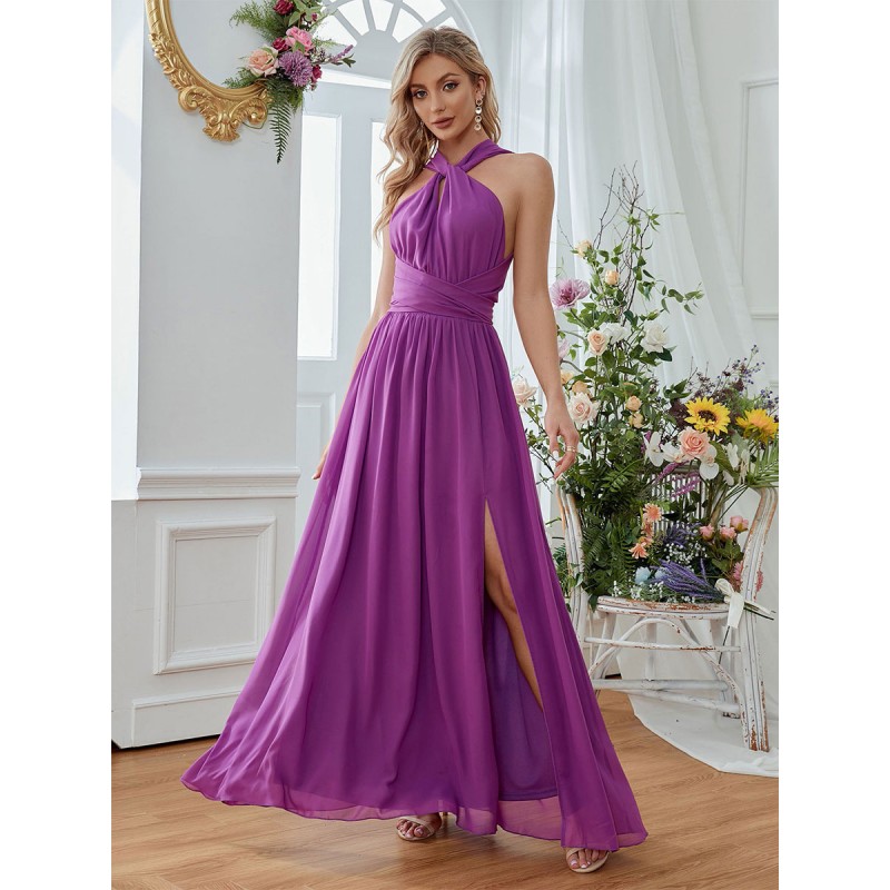 Dresses Purple Halter Split Front Sleeveless High-slit Semi Formal Dress Maxi Party