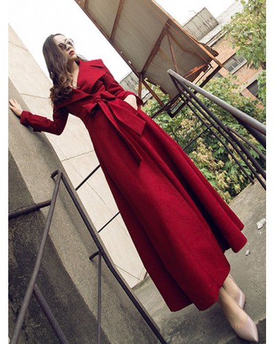 Coat For Woman Red V Neck Long Sleeves Sash Stretch Winter Coat Casual