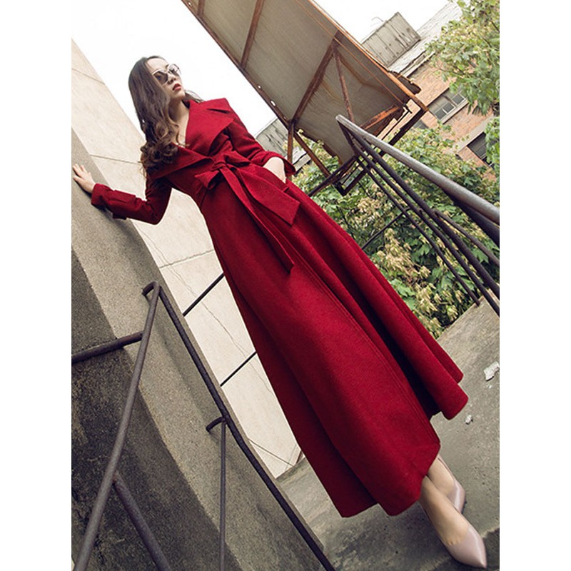 Coat For Woman Red V Neck Long Sleeves Sash Stretch Winter Coat Casual