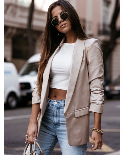 Women Faux Leather Blazer Solid Color Jacket Apricot PU Casual Outerwear Outerwear Leather Jacket Spring Fall Winter Street Wear Office  Career