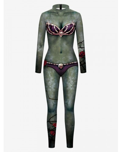 Women Halloween Jumpsuit Dark Green Leotard Print Pattern Skeleton Scary Lycra Spandex Catsuit Zentai