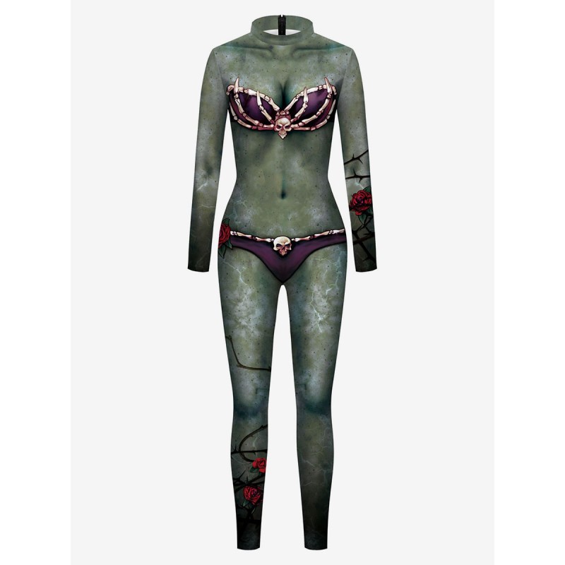 Women Halloween Jumpsuit Dark Green Leotard Print Pattern Skeleton Scary Lycra Spandex Catsuit Zentai