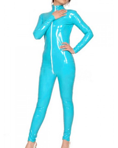 Unisex Sky Blue PVC Shiny Metallic Fabric Front Zip Catsuit Full Body Suit Solid