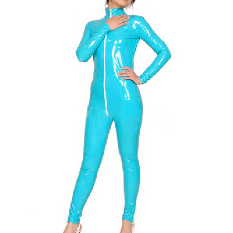 Unisex Sky Blue PVC Shiny Metallic Fabric Front Zip Catsuit Full Body Suit Solid