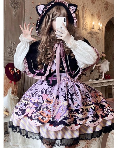 Sweet Lolita JSK Dress Polyester Sleeveless Lace Up Ruffles Black Sweet Lolita Jumper Skirt