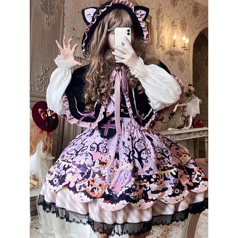 Sweet Lolita JSK Dress Polyester Sleeveless Lace Up Ruffles Black Sweet Lolita Jumper Skirt