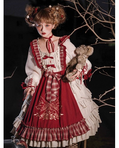 Sweet Lolita JSK Dress 2 Pieces Set Polyester Sleeveless Bows Ruffles Burgundy Lolita Jumper Skirt And Lolita Top