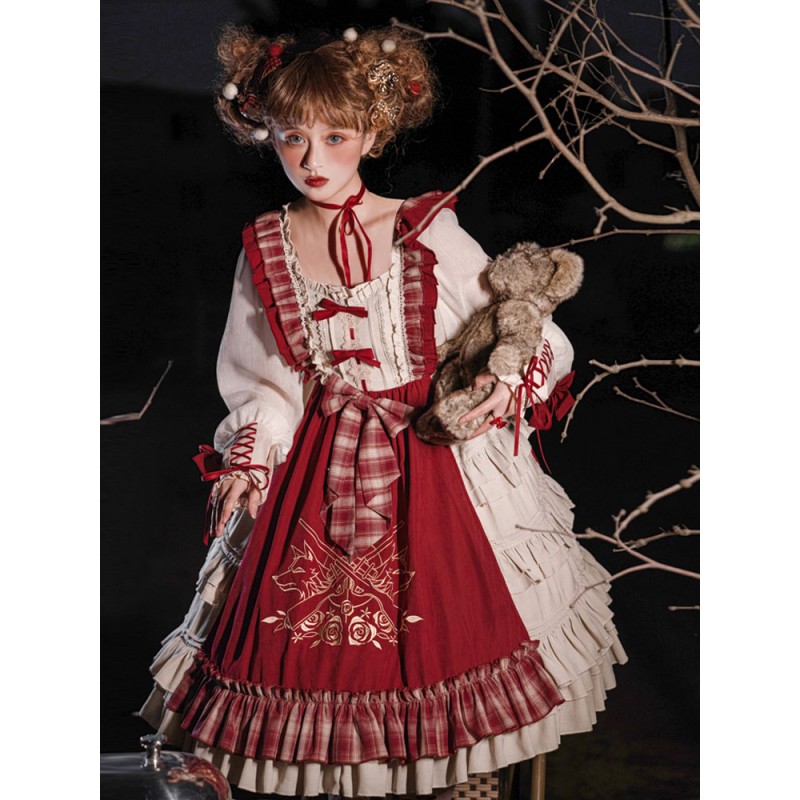 Sweet Lolita JSK Dress 2 Pieces Set Polyester Sleeveless Bows Ruffles Burgundy Lolita Jumper Skirt And Lolita Top