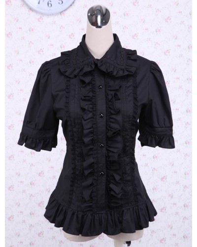 Lolita Blouse Pure Cotton Black Short Sleeves Ruffles Turndown Collar