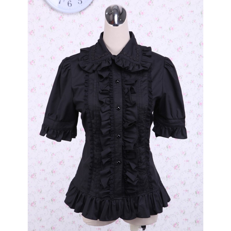 Lolita Blouse Pure Cotton Black Short Sleeves Ruffles Turndown Collar