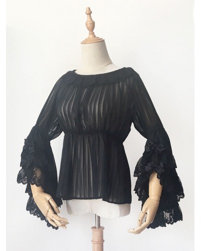 Lolita Infanta Black Lolita Top Long Sleeves Lace Up Bows Lolita Shirt Blouses Gothic Classic  Traditional Lolita Wedding Dress Spring Summer Fall Winter Tea Party