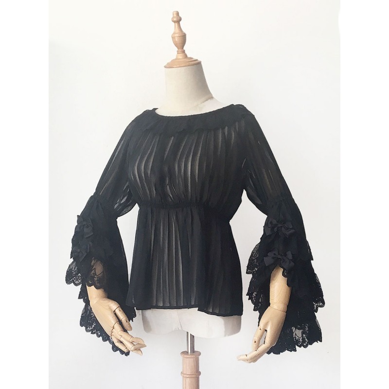 Lolita Infanta Black Lolita Top Long Sleeves Lace Up Bows Lolita Shirt Blouses Gothic Classic  Traditional Lolita Wedding Dress Spring Summer Fall Winter Tea Party