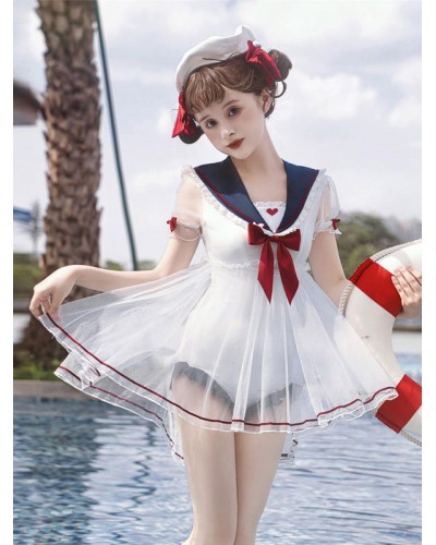 Lolita Swimsuit White Bows Short Sleeves Jumpsuit Sweet