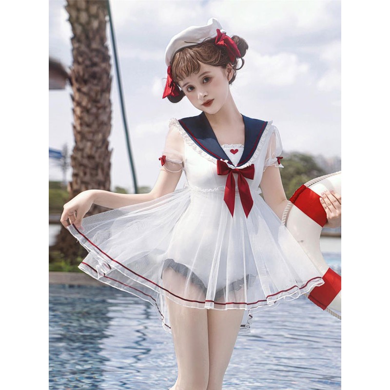 Lolita Swimsuit White Bows Short Sleeves Jumpsuit Sweet