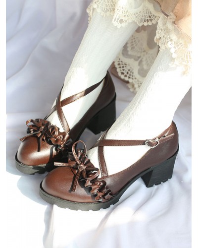 Academic Lolita Footwear Deep Brown Ruffles Bows Round Toe PU Leather Lolita Shoes