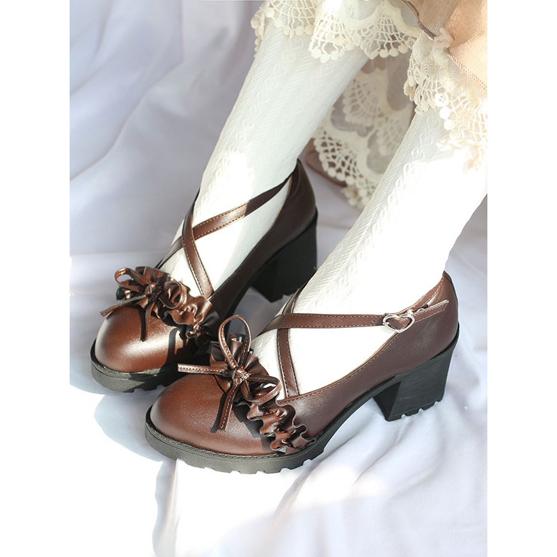 Academic Lolita Footwear Deep Brown Ruffles Bows Round Toe PU Leather Lolita Shoes