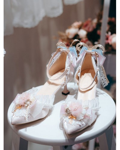 Lolita Wedding Dress Lolita Footwear Pink Flowers Lace Ruffles Pointed Toe Satin Lolita Pumps Shoes