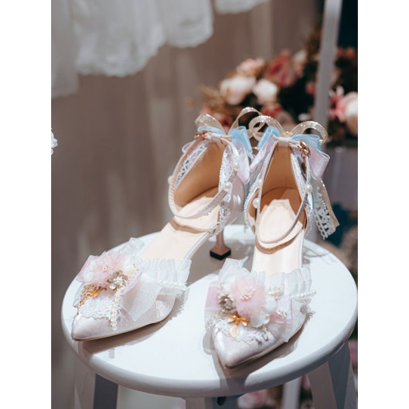 Lolita Wedding Dress Lolita Footwear Pink Flowers Lace Ruffles Pointed Toe Satin Lolita Pumps Shoes