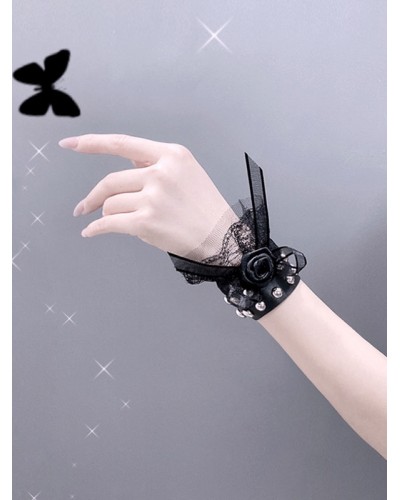 Black Lolita Bracelet Lace Rivets PU Leather Rose Pattern Lolita Accessories