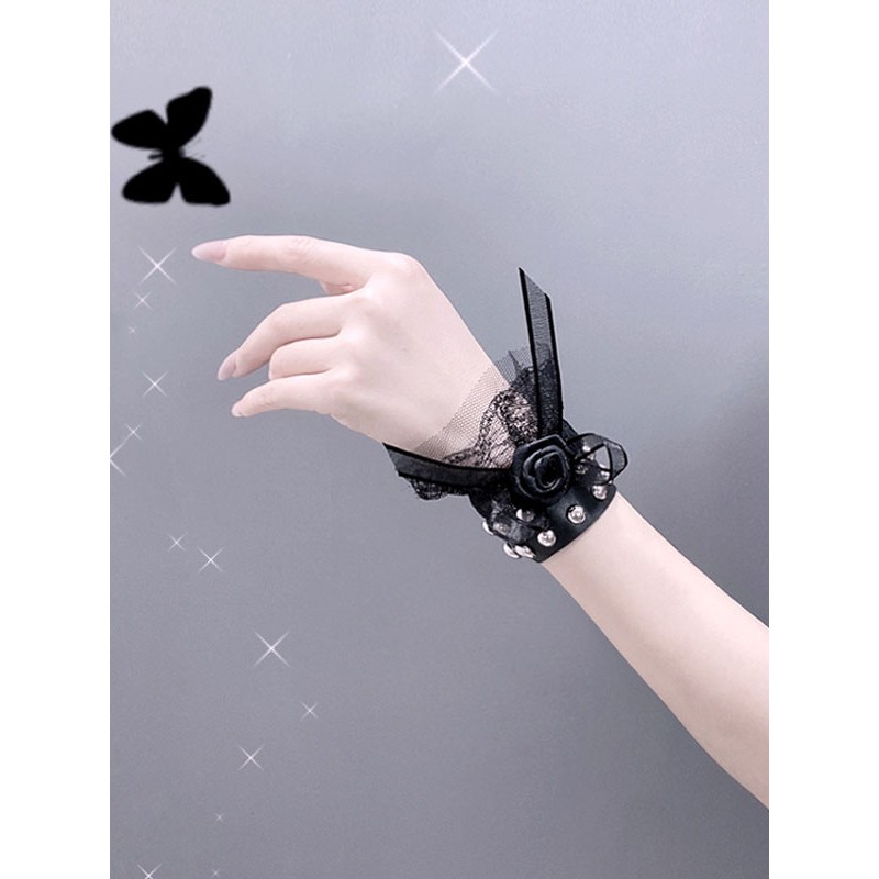 Black Lolita Bracelet Lace Rivets PU Leather Rose Pattern Lolita Accessories