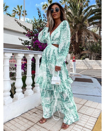 Women Maxi Dress V-Neck Long Sleeves Printed Floor Length Dress Bohemian Fall