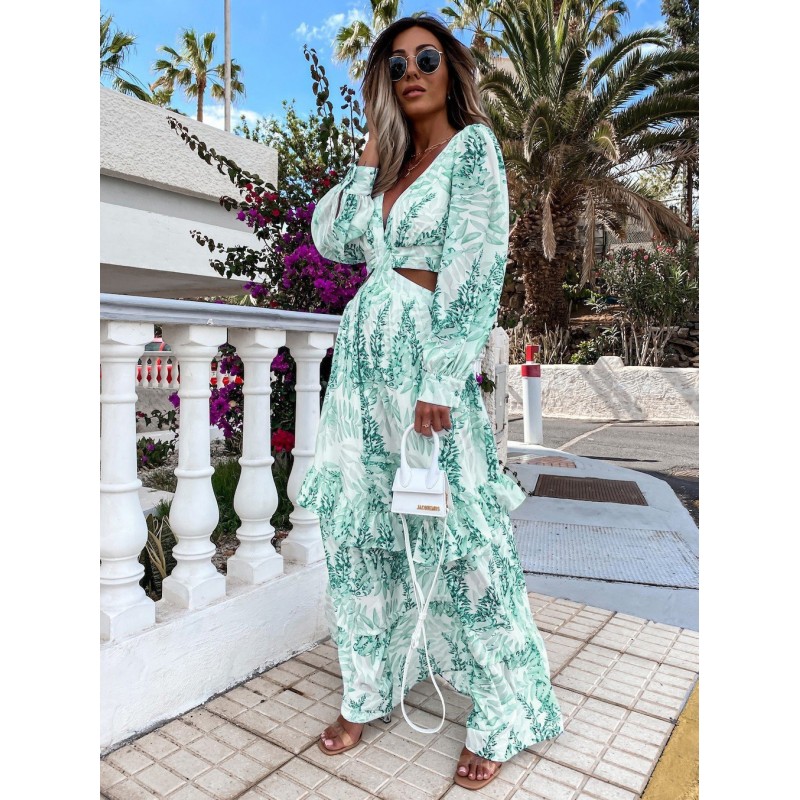 Women Maxi Dress V-Neck Long Sleeves Printed Floor Length Dress Bohemian Fall