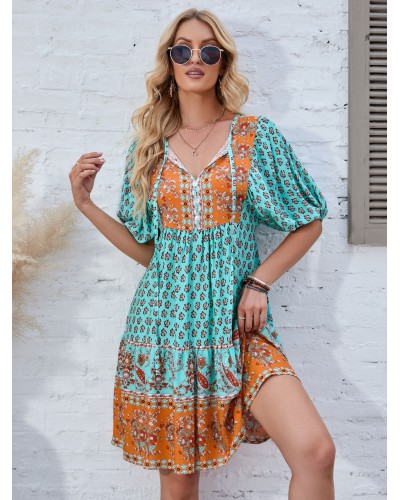 Women Boho Dress V-Neck Half Sleeves Floral Print Layered Dress Summer Beach Resort Wear