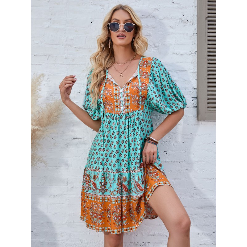 Women Boho Dress V-Neck Half Sleeves Floral Print Layered Dress Summer Beach Resort Wear