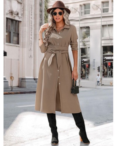 Women Turndown Collar Long Sleeves Midi Dress Classic  Traditional Spring Fall