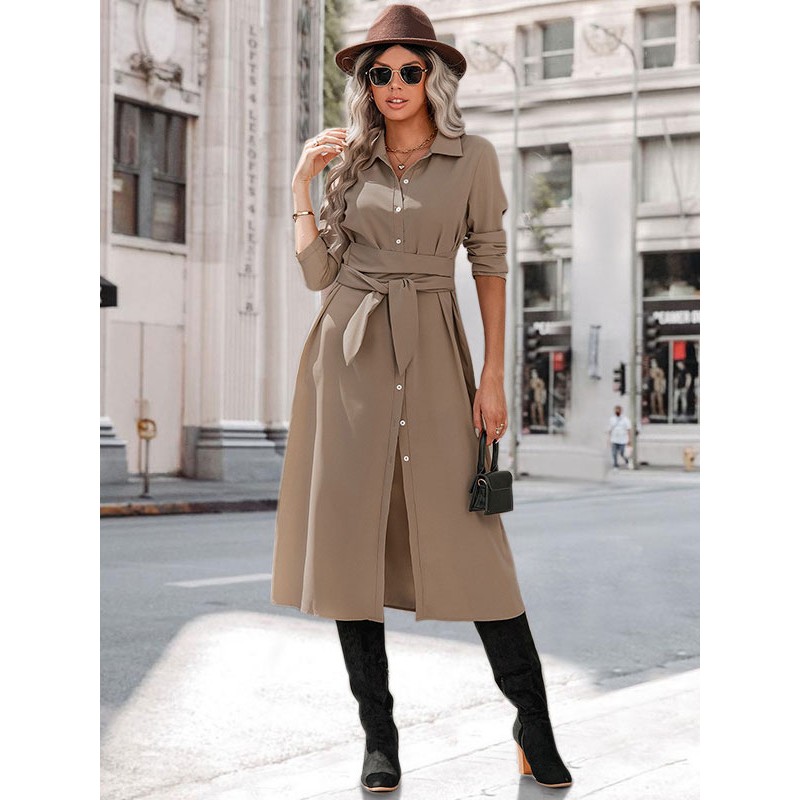 Women Turndown Collar Long Sleeves Midi Dress Classic  Traditional Spring Fall