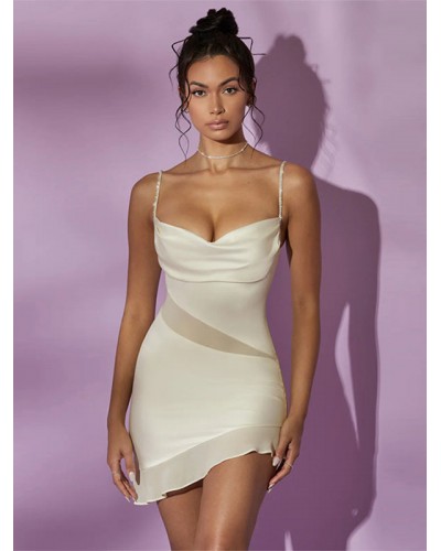 Women Bodycon Dresses White Sleeveless Ruffles Cowl Neck Midi Sheath Dress Sexy Chic  Modern Street Wear Daily Casual Party