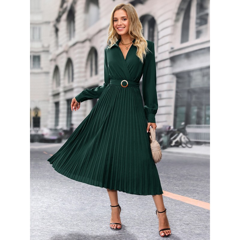 Midi Dresses Dark Green V-Neck Long Sleeves Fall Dresses For Women Chic  Modern Casual Street Wear Daily Casual Office  Career