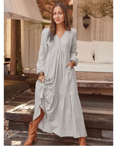 Women Dresses Long Sleeves Coffee Brown V-Neck Ruffles Linen Floor Length Dress Maxi Spring Fall Winter