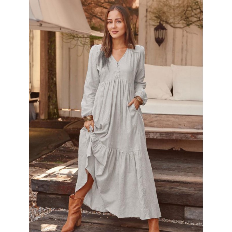 Women Dresses Long Sleeves Coffee Brown V-Neck Ruffles Linen Floor Length Dress Maxi Spring Fall Winter